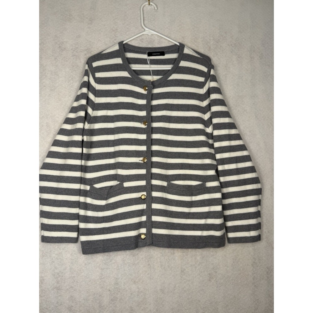 NWT Dokotoo Women's Gray White Striped Knit Cardigan Gold Buttons Pockets Large